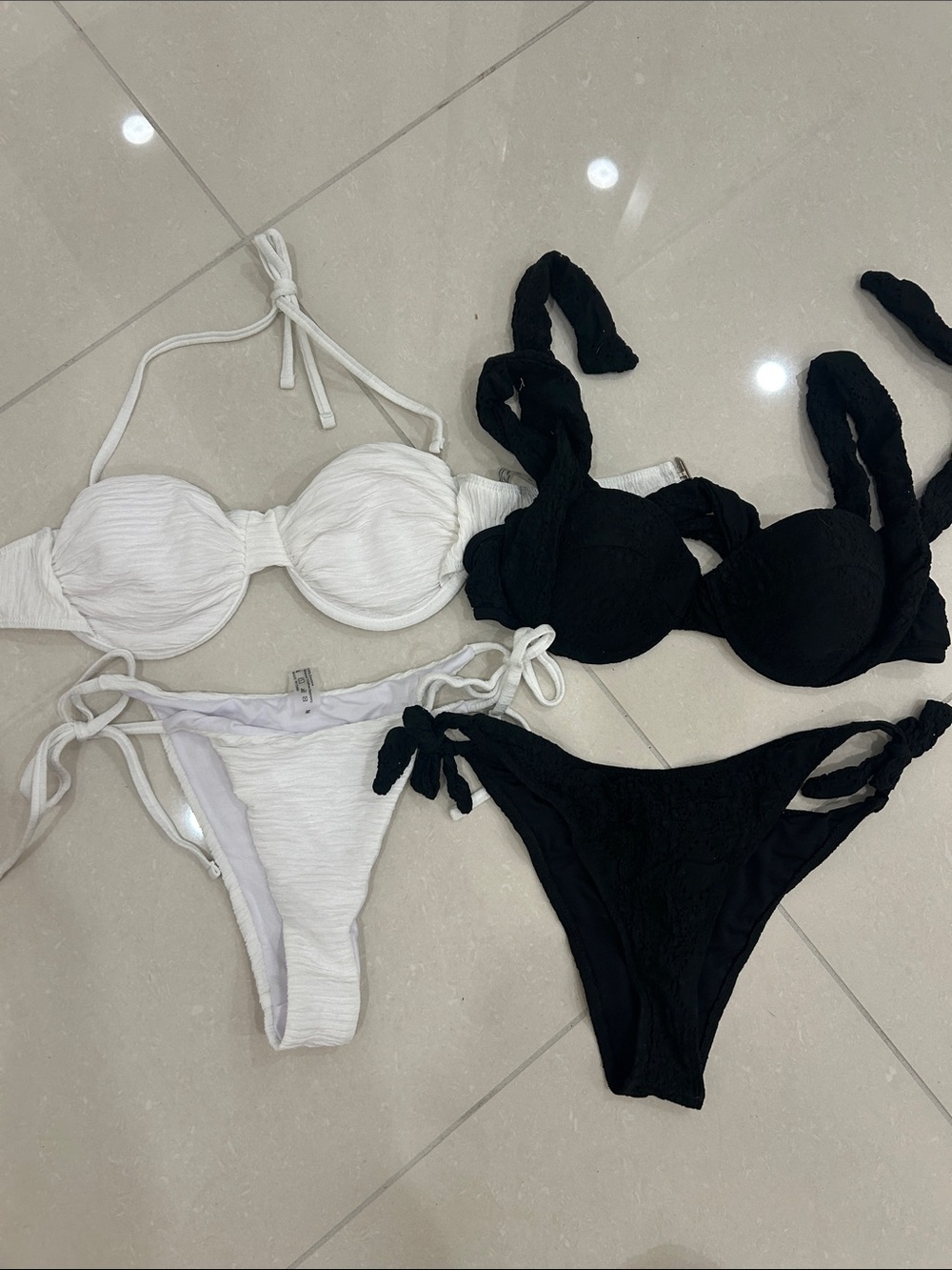 H&M Black & White Textured Tie-Side Bandeau Bikini Set